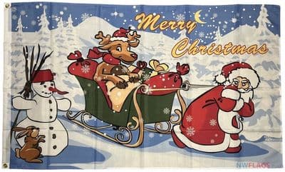 Merry Christmas Rudolph on Sleigh Flag - 5ft x 3ft | Standard Polyester