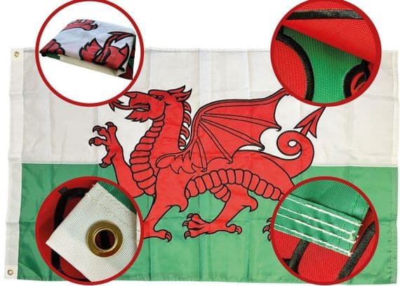 Welsh Dragon Sewn Nylon Flag with Eyelets - 5ft x 3ft | NWFlags