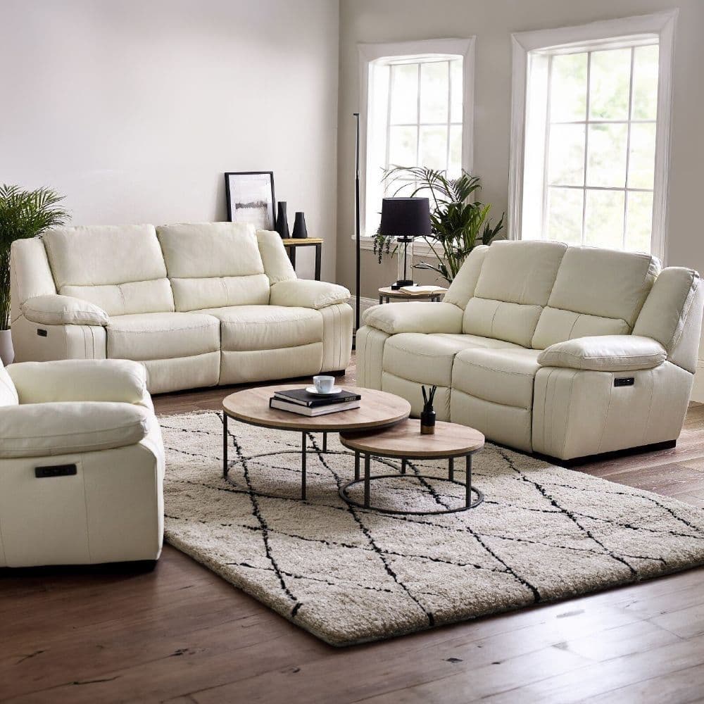 Cream Leather White Leather Recliner Lounge Suite Linton Cream