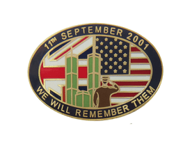 9/11 Twin Towers UK & USA We Will Remember Them Pin Badge