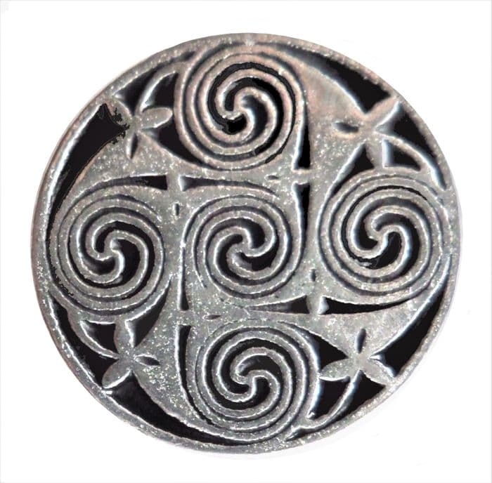 Celtic Five Swirl Round Pewter Pin Badge - Hand Made in Cornwall
