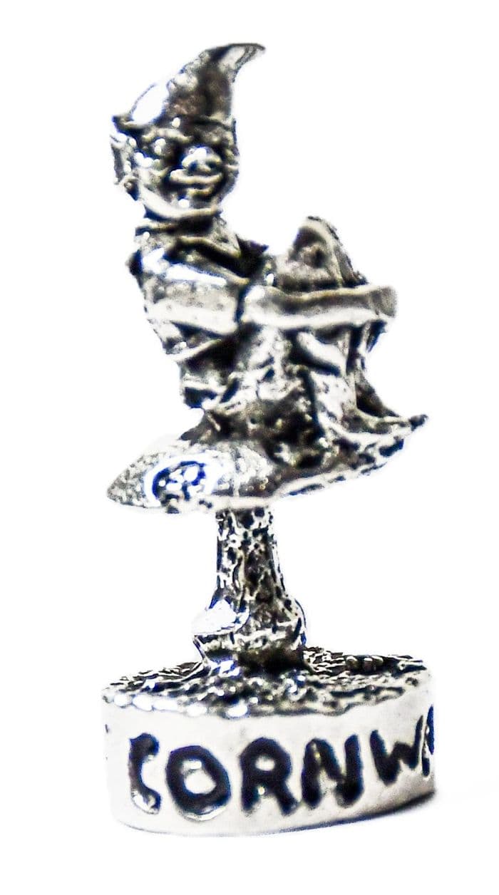 Cornish Piskey Pixie on  Cornwall Toadstool Solid Pewter Ornament - Hand Made in Cornwall