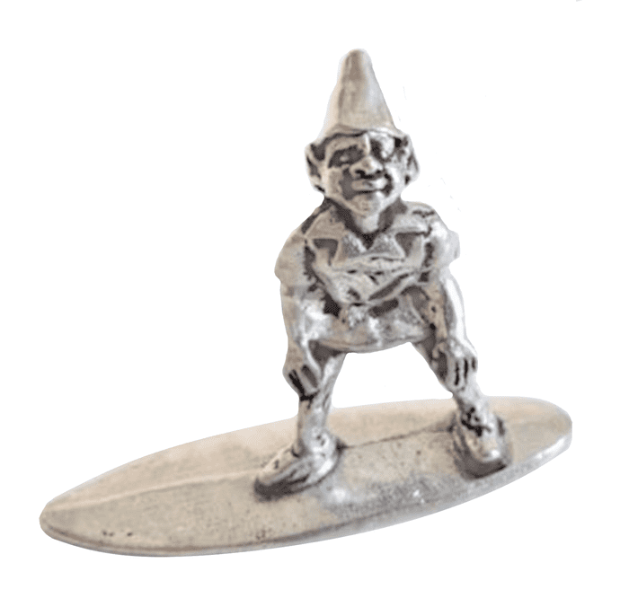 Piskey Pixie on a Surfboard Solid Pewter Ornament - Hand Made in Cornwall