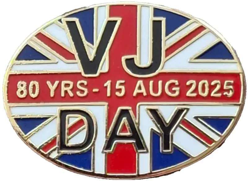 VJ Day Victory in Japan 80 Years Commemorative Oval Pin Badge