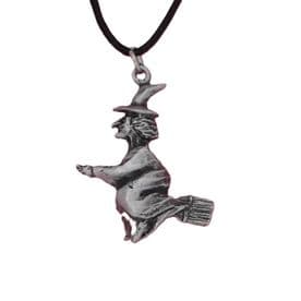 Witch on Broomstick Pewter Pendant - Made in England
