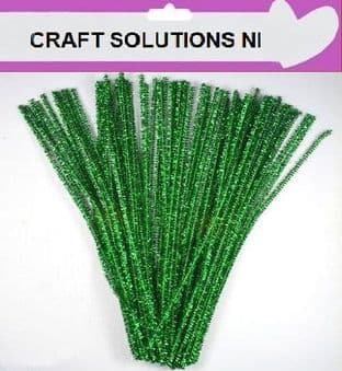 100 GLITTER GREEN CHENILLE CRAFT STEMS/ ARTS & CRAFTS/ PIPE CLEANERS/ 30cm / 12"