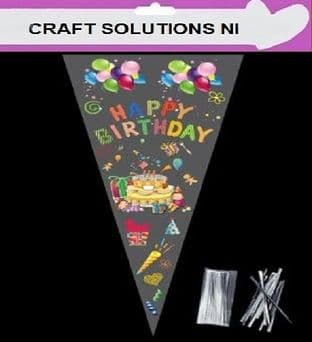 HAPPY BIRTHDAY - Cone Bags - Party Bags - Sweets - Cellophane Bags + Twist Ties