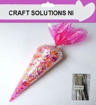 PINK SWEET CONES Cellophane Sweet / Party Bags With Free 4" Silver Twist ties