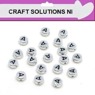 SILVER DISC - 'A' - ALPHABET BEADS - SINGLE LETTERS A - Z - ACRYLIC BEADS 7mm x 4mm