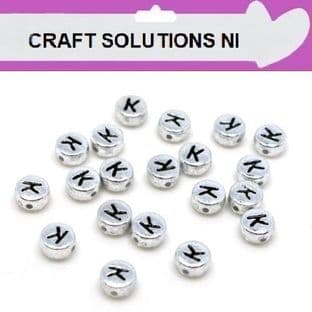 SILVER DISC - 'K' - ALPHABET BEADS - SINGLE LETTERS A - Z - ACRYLIC BEADS 7mm x 4mm
