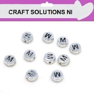 SILVER DISC - 'M' - ALPHABET BEADS - SINGLE LETTERS A - Z - ACRYLIC BEADS 7mm x 4mm