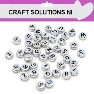 SILVER DISC - 'MIXED' - ALPHABET BEADS - SINGLE LETTERS A - Z - ACRYLIC BEADS 7mm x 4mm