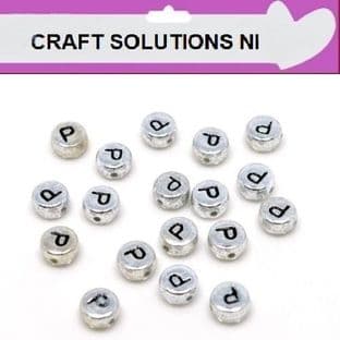 SILVER DISC - 'P' - ALPHABET BEADS - SINGLE LETTERS A - Z - ACRYLIC BEADS 7mm x 4mm