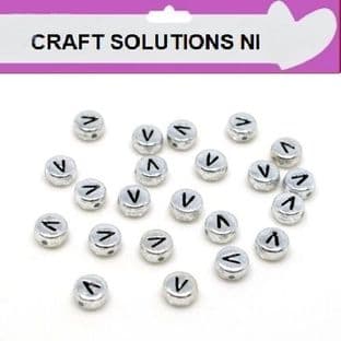 SILVER DISC - 'V' - ALPHABET BEADS - SINGLE LETTERS A - Z - ACRYLIC BEADS 7mm x 4mm