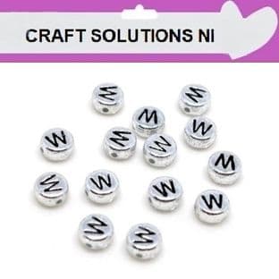 SILVER DISC - 'W' - ALPHABET BEADS - SINGLE LETTERS A - Z - ACRYLIC BEADS 7mm x 4mm