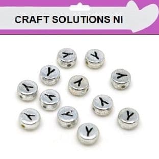 SILVER DISC - 'Y' - ALPHABET BEADS - SINGLE LETTERS A - Z - ACRYLIC BEADS 7mm x 4mm