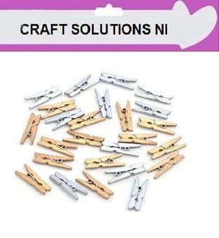 SMALL 25mm - GOLD & SILVER PLAIN WOODEN CRAFT PEGS - WITH METAL SPRING IN 25 COLOURS