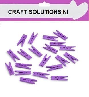 SMALL 25mm - PURPLE PLAIN WOODEN CRAFT PEGS - WITH METAL SPRING IN 25 COLOURS
