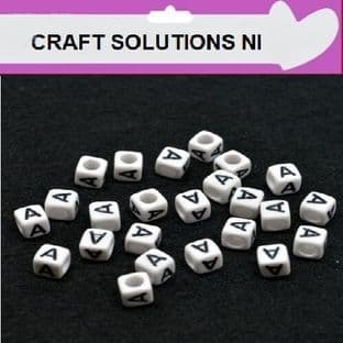 WHITE CUBE 'A' ALPHABET BEADS - SINGLE LETTERS A - Z - ACRYLIC BEADS 6mm