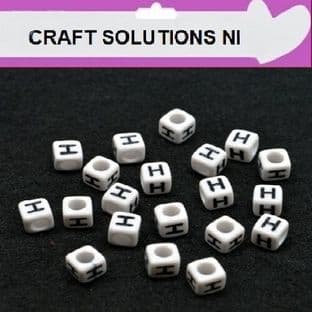 WHITE CUBE 'H' ALPHABET BEADS - SINGLE LETTERS A - Z - ACRYLIC BEADS 6mm