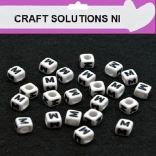 WHITE CUBE 'M' ALPHABET BEADS - SINGLE LETTERS A - Z - ACRYLIC BEADS 6mm
