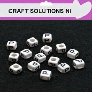 WHITE CUBE 'P' ALPHABET BEADS - SINGLE LETTERS A - Z - ACRYLIC BEADS 6mm