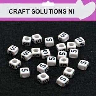 WHITE CUBE 'S' ALPHABET BEADS - SINGLE LETTERS A - Z - ACRYLIC BEADS 6mm