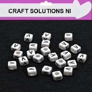 WHITE CUBE 'V' ALPHABET BEADS - SINGLE LETTERS A - Z - ACRYLIC BEADS 6mm