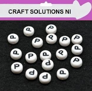 WHITE DISC 'P' - ALPHABET BEADS - SINGLE LETTERS A - Z - ACRYLIC BEADS 7mm x 4mm