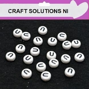 WHITE DISC 'U' - ALPHABET BEADS - SINGLE LETTERS A - Z - ACRYLIC BEADS 7mm x 4mm