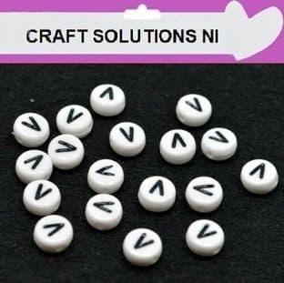 WHITE DISC 'V' - ALPHABET BEADS - SINGLE LETTERS A - Z - ACRYLIC BEADS 7mm x 4mm
