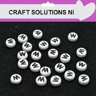 WHITE DISC 'W' - ALPHABET BEADS - SINGLE LETTERS A - Z - ACRYLIC BEADS 7mm x 4mm