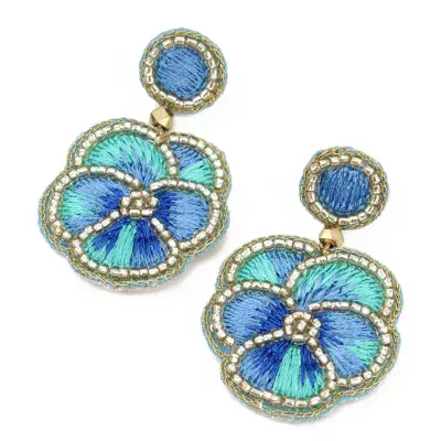 Blue Pansy Beaded Earrings