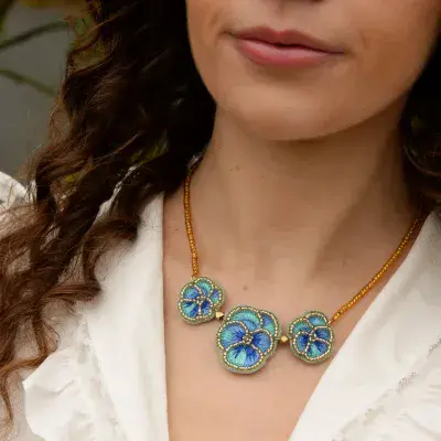 Blue Pansy Beaded Necklace