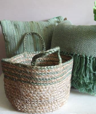 Green Stripe Jute Storage Basket