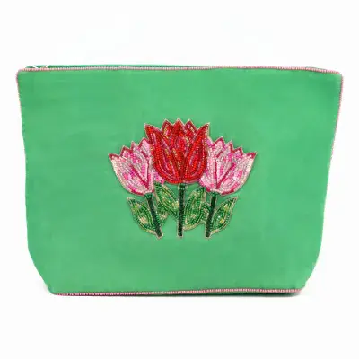 Multi Tulips On Green Large Pouch