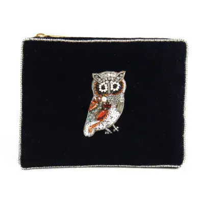 Navy Blue Owl Small Velvet Pouch