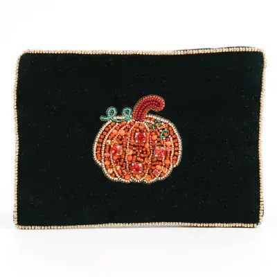 Orange Pumpkin On Green Velvet Small Pouch