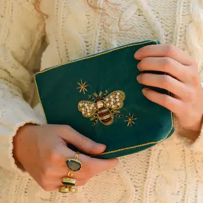 Teal Golden Bee Medium Velvet Pouch