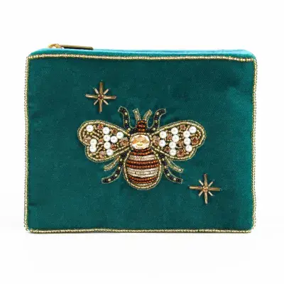 Teal Golden Bee Small Velvet Pouch
