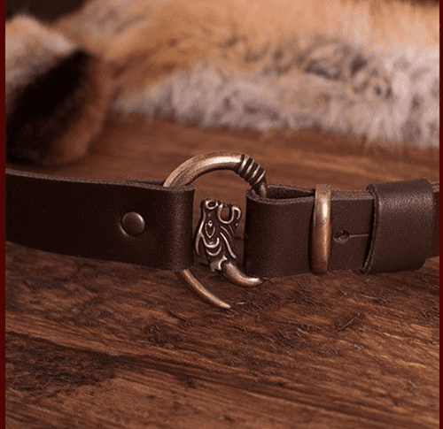 Brown Leather Belt With Bronze Wolf Head Buckle