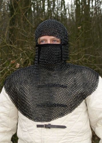 Chainmail Coif, Square Mouth Guard, Blackened Finish, Butted Mild Steel, 8mm I.D