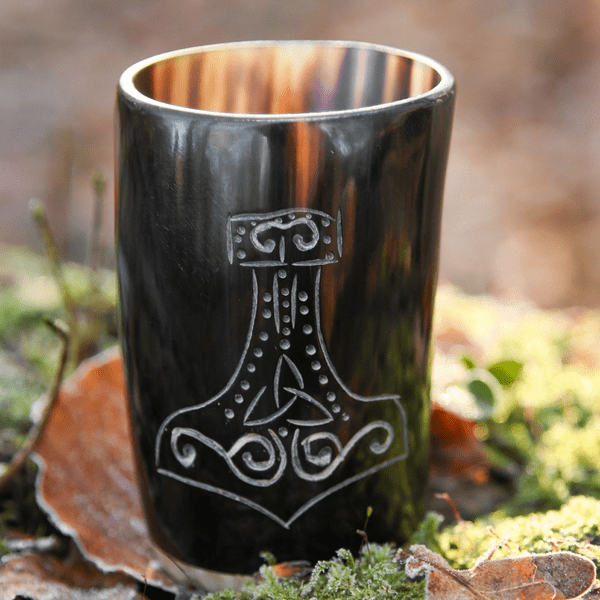 Horn Drinking Cup with Wooden Base and Mjolnir