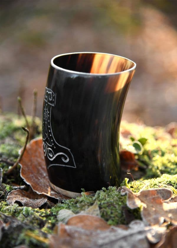 Horn Drinking Cup with Wooden Base and Mjolnir