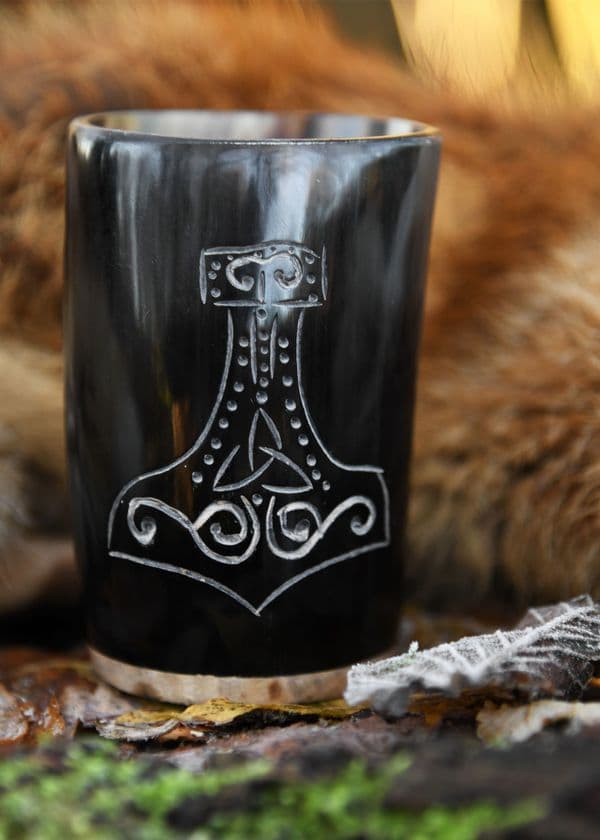 Horn Drinking Cup with Wooden Base and Mjolnir