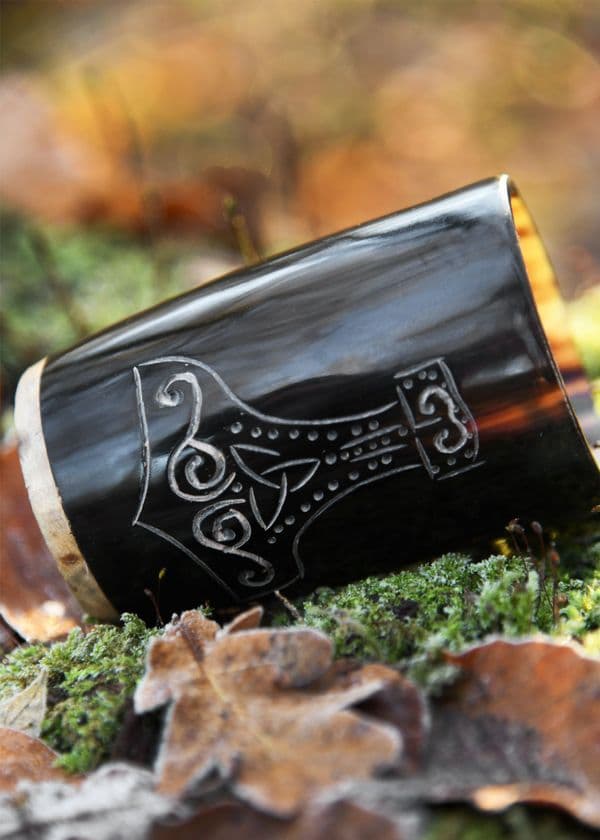 Horn Drinking Cup with Wooden Base and Mjolnir
