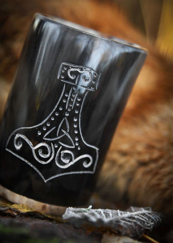 Horn Drinking Cup with Wooden Base and Mjolnir