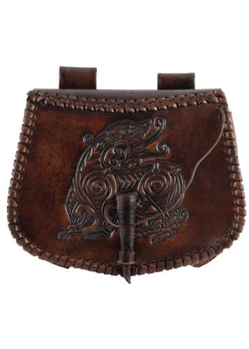 Leather Belt Pouch with Dragon Embossing, Brown