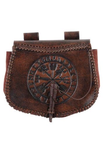 Leather Belt Pouch with Vegvísir Embossing, Brown