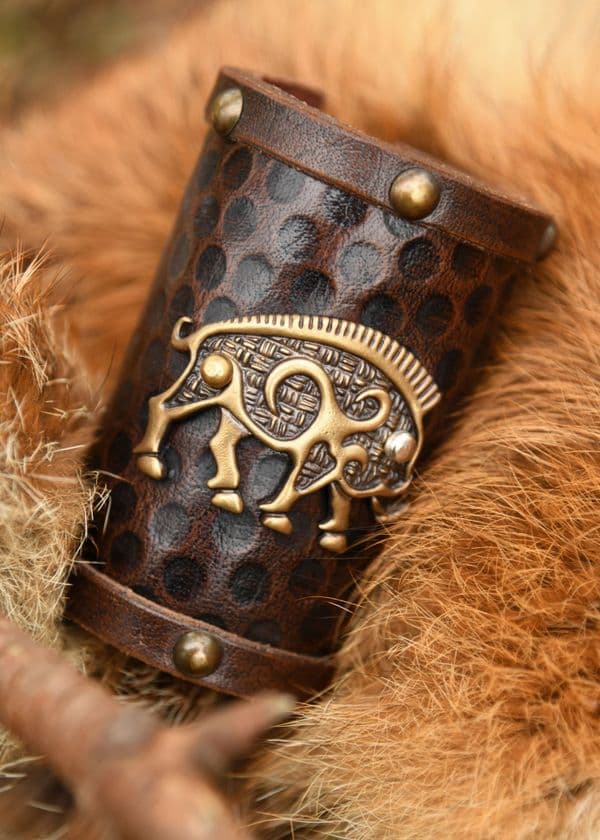 Leather Wrist Guard with Celtic Wild Boar Motif